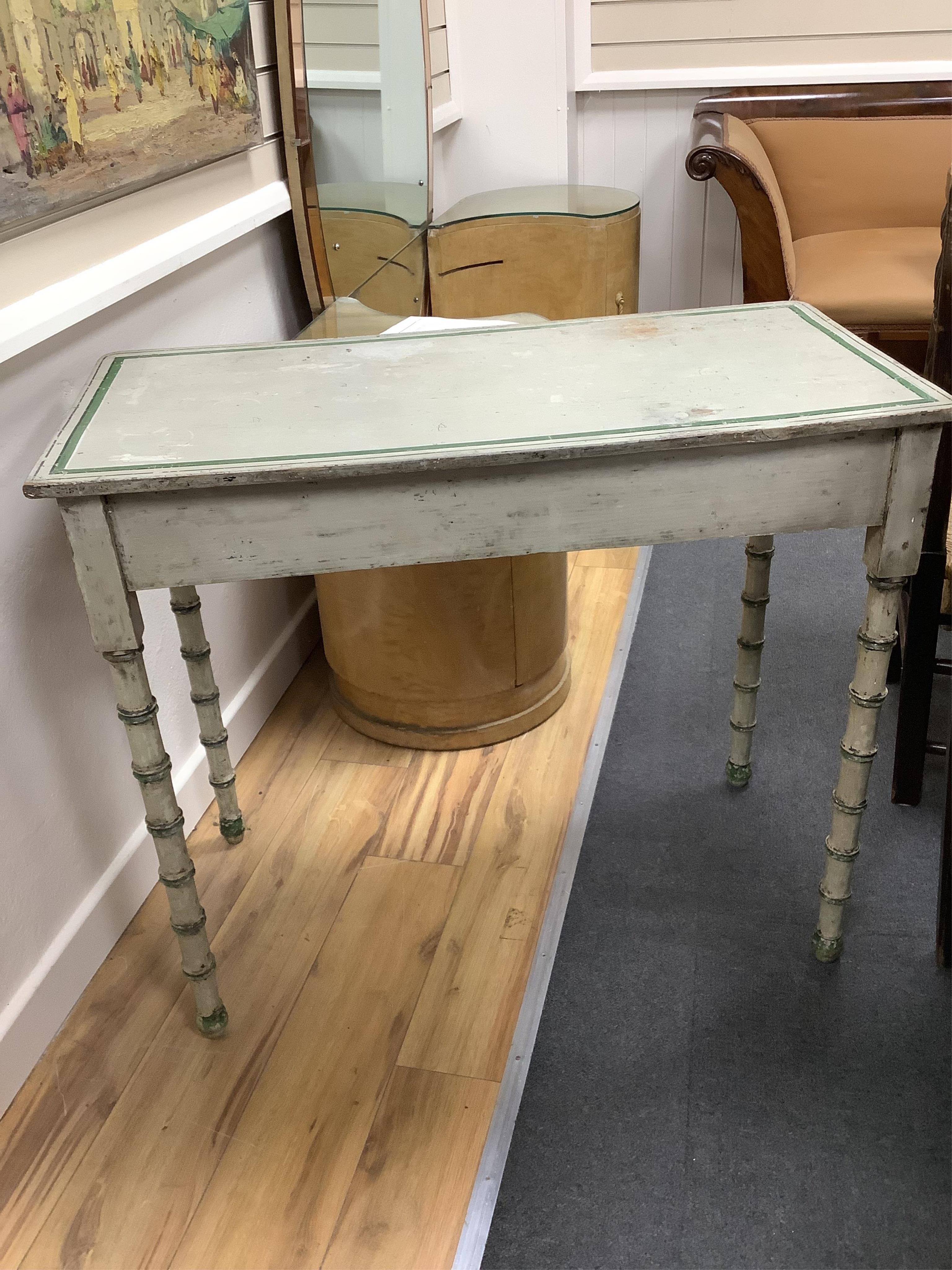 A Regency and later painted simulated bamboo side table in the manner of Colefax and Fowler, width 91cm, depth 44cm, height 78cm. Condition - fair
